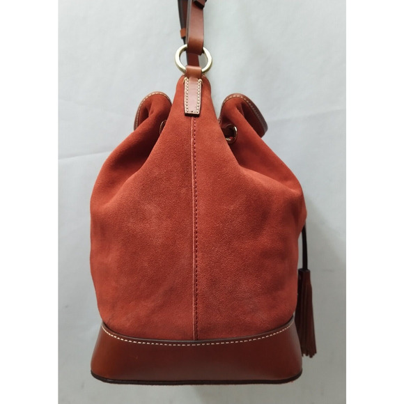 Dooney & Bourke Orange Suede Leather Trim Drawstring Shoulder Bag - Picture 4 of 15